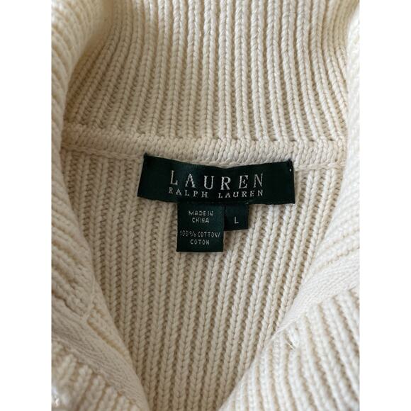 Lauren Ralph Lauren Ribbed Sweater Pullover Women L Cream High Neck 1/2 Button - Picture 7 of 7